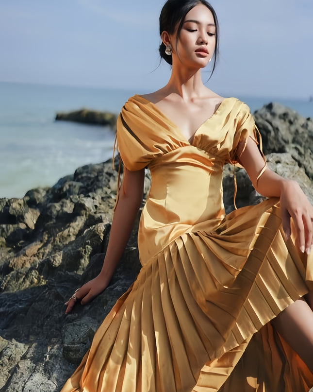 Off Shoulder Crepe Pleated Dress - Yellow