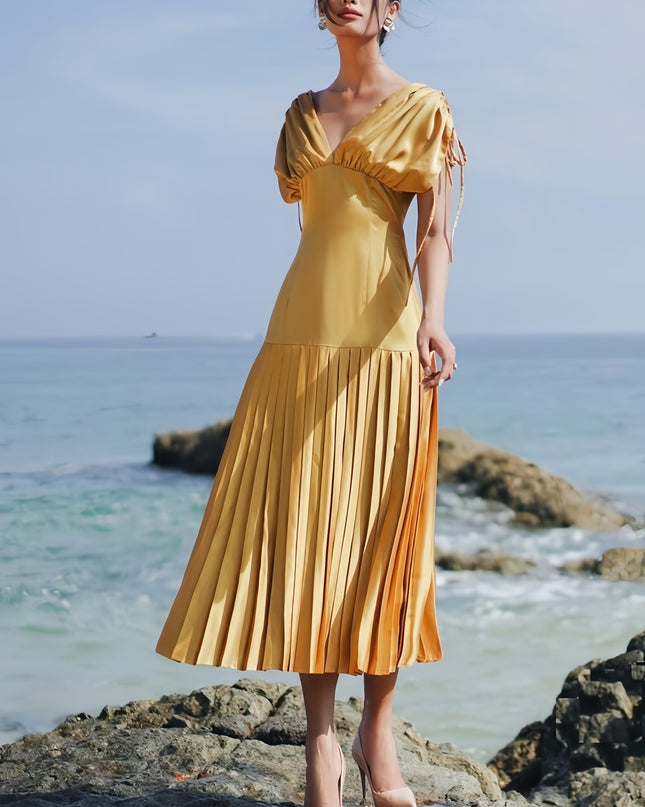 Off Shoulder Crepe Pleated Dress - Yellow