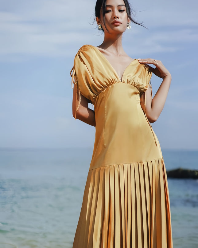 Off Shoulder Crepe Pleated Dress - Yellow