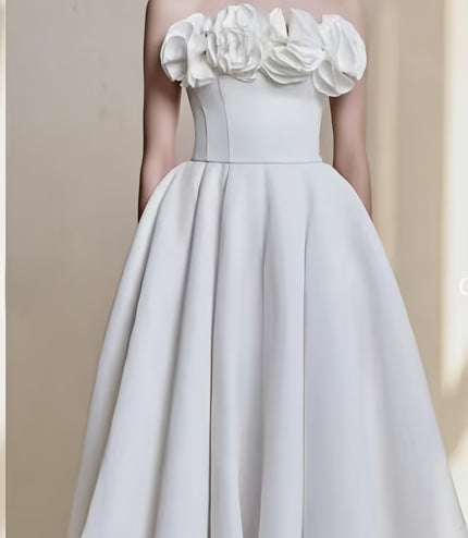 Off Shoulder Crepe High-Low Dress - White