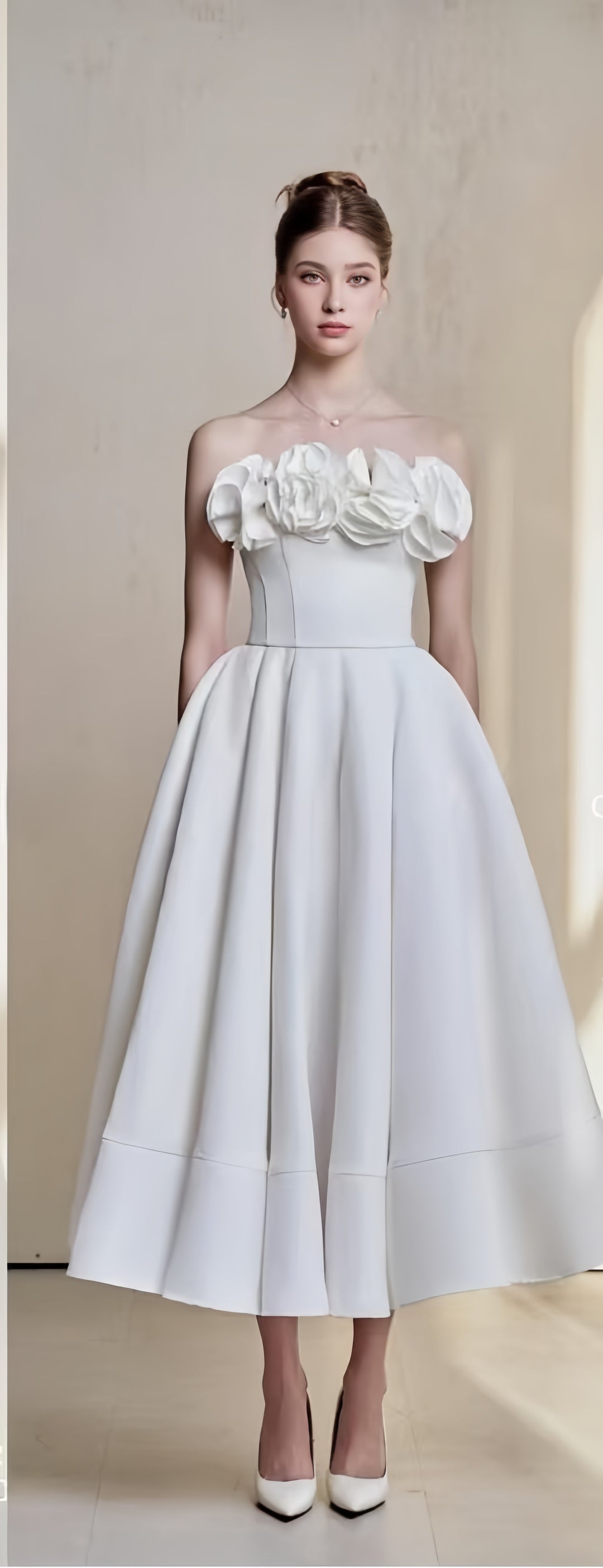 Off Shoulder Crepe High-Low Dress - White