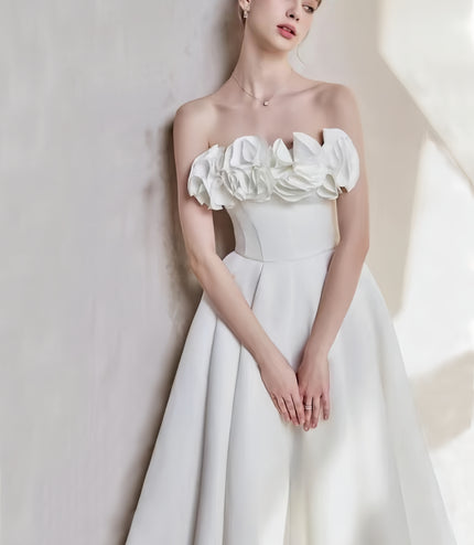 Off Shoulder Crepe High-Low Dress - White