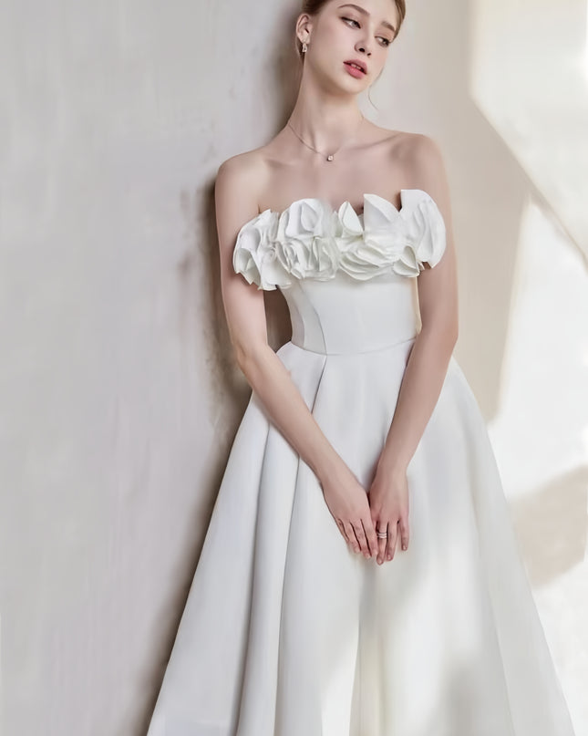 Off Shoulder Crepe High-Low Dress - White