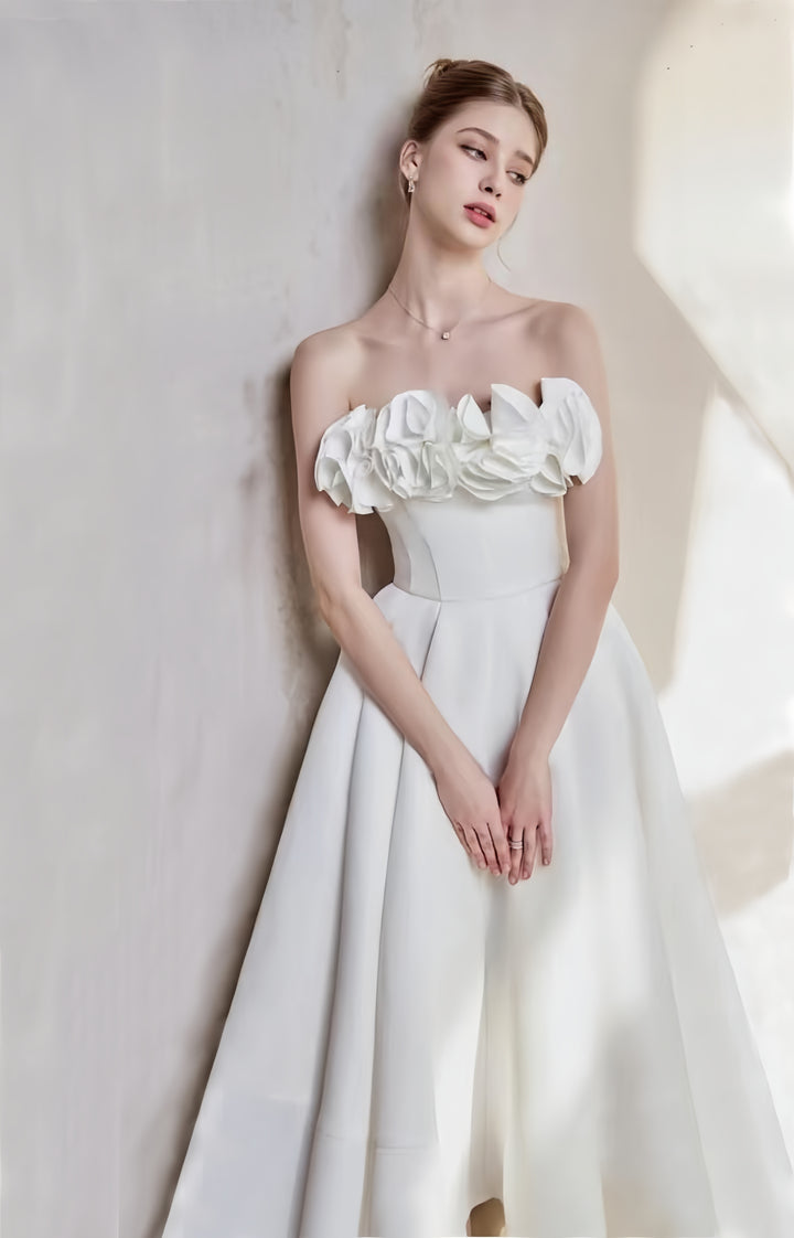 Off Shoulder Crepe High-Low Dress - White