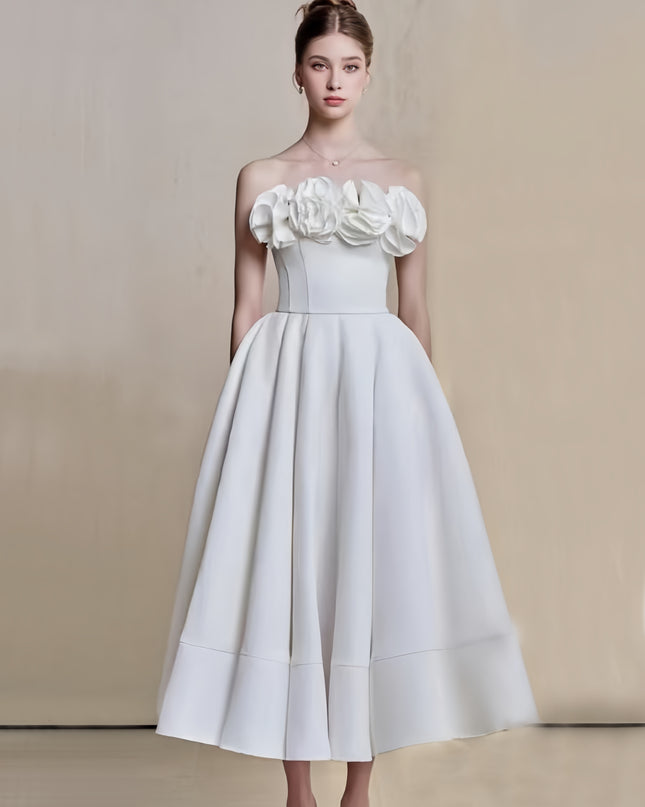 Off Shoulder Crepe High-Low Dress - White