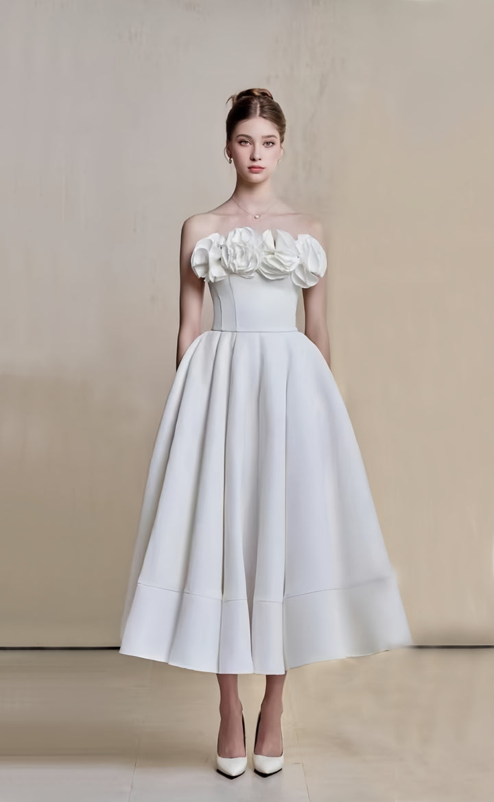 Off Shoulder Crepe High-Low Dress - White