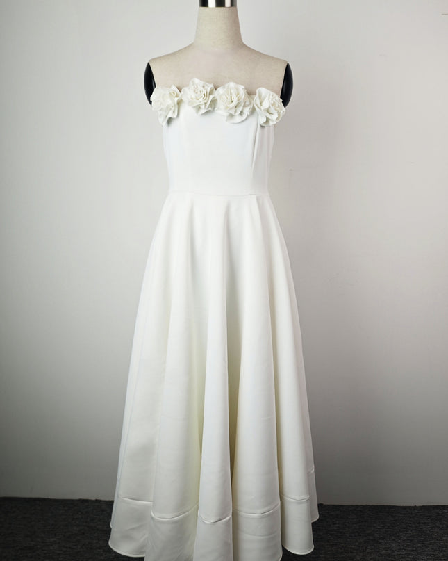 Off Shoulder Crepe High-Low Dress - White