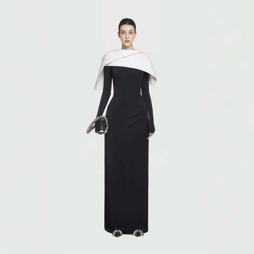 Elegant Long Evening Gown – Asymmetric Knit Formal Maxi Dress by Alex Evenings, Black and White, Long Sleeve Ball Gowne Style for Women