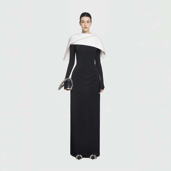 Elegant Long Evening Gown – Asymmetric Knit Formal Maxi Dress by Alex Evenings, Black and White, Long Sleeve Ball Gowne Style for Women