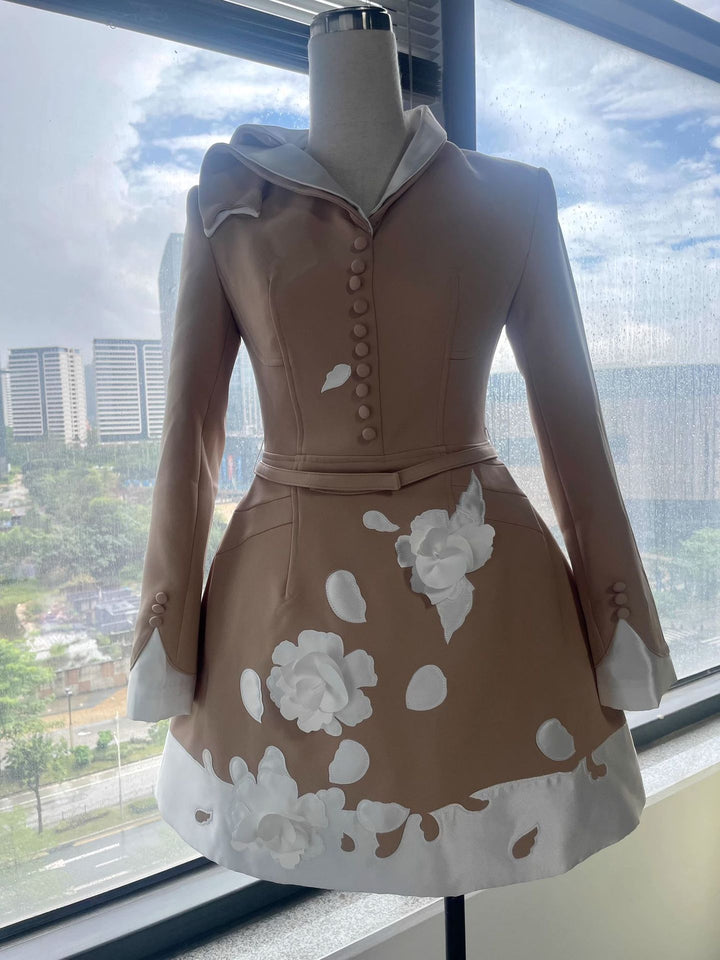 Embroidered applique a-line dress black and white color clash design asymmetric neckline dress sub