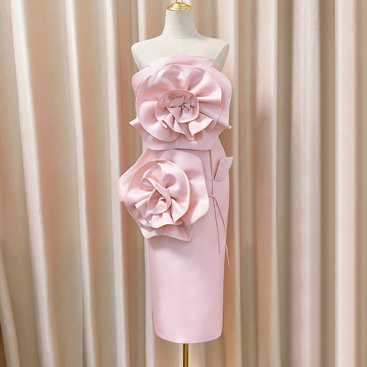 Pink 3D Floral Strapless Dress | Elegant Evening Party Gown