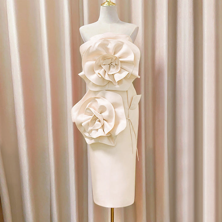 Pink 3D Floral Strapless Dress | Elegant Evening Party Gown