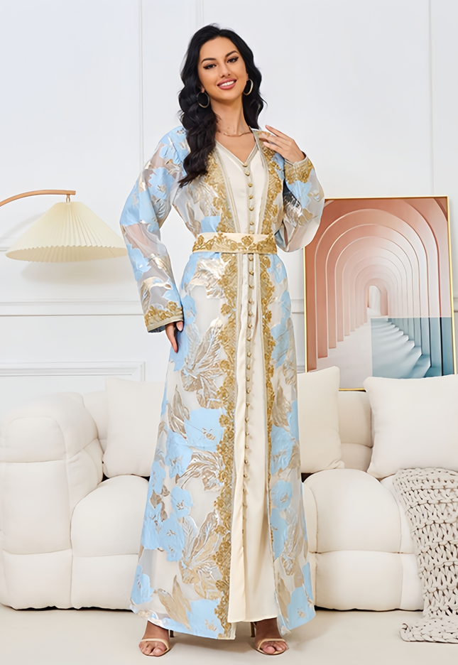 Elegant Light Blue Gold Silk Dress & Middle Eastern Robe